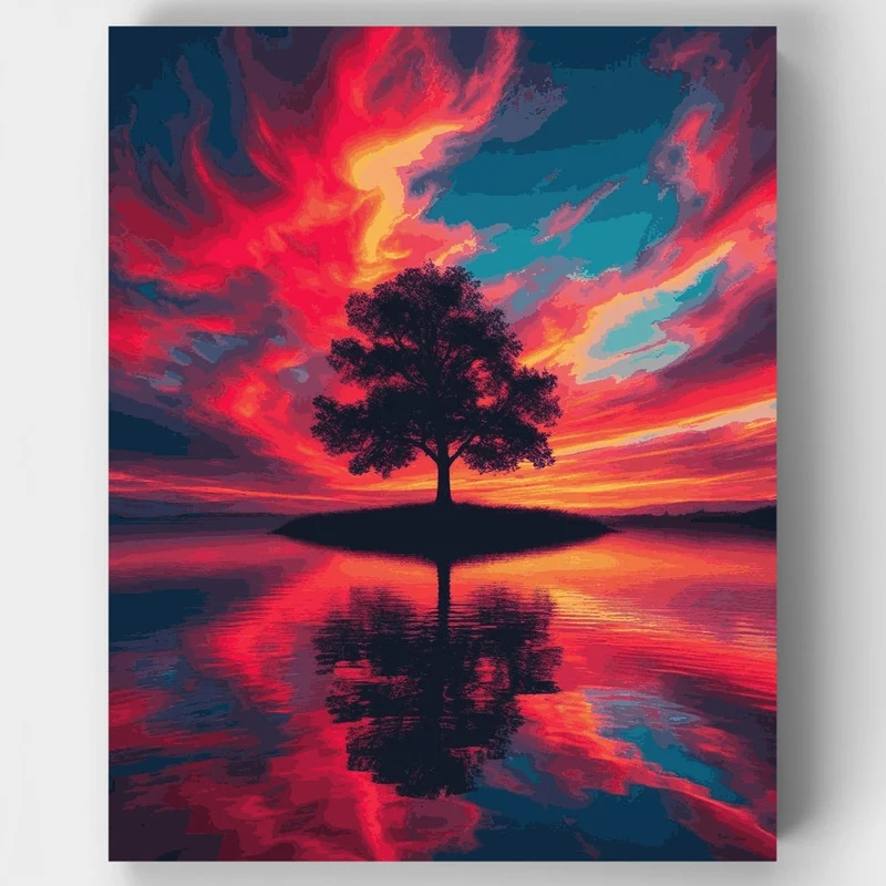 Fiery Sunset Tree Reflection - Paint by Numbers Kit