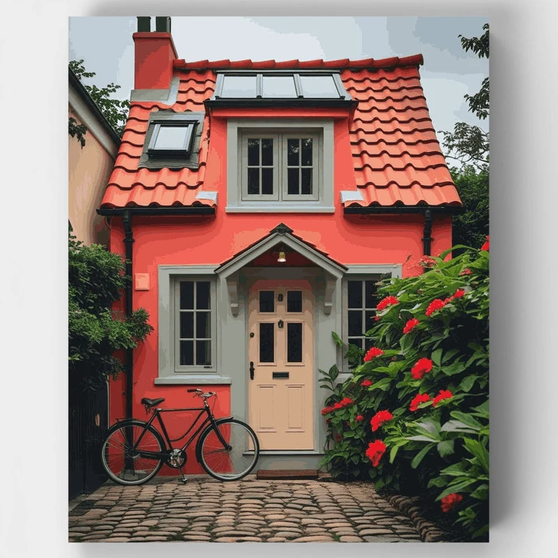 Charming Red Cottage with Bicycle - Paint by Numbers Kit