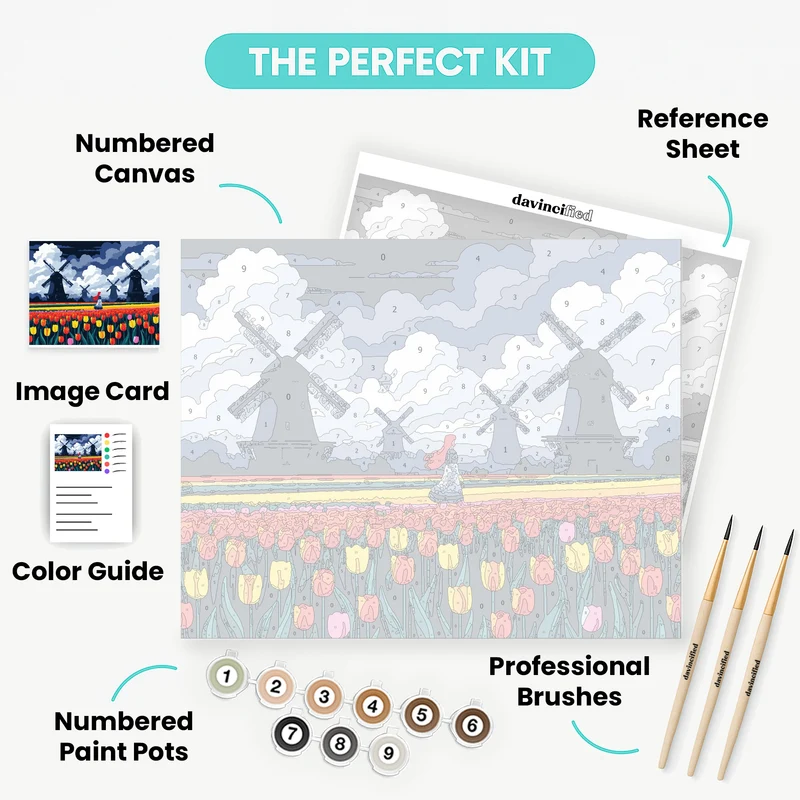 Dutch Tulip Fields with Traditional Windmills - Paint by Numbers Kit