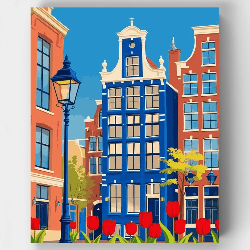 Amsterdam Canal Houses with Red Tulips - Paint by Numbers Kit