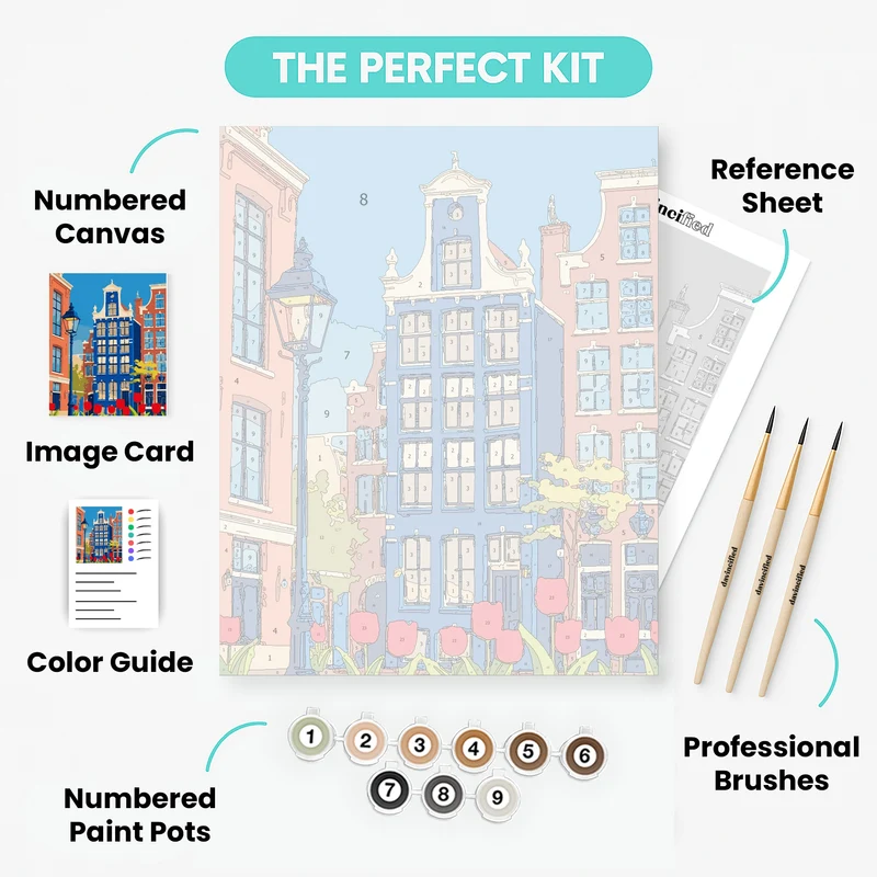 Amsterdam Canal Houses with Red Tulips - Paint by Numbers Kit