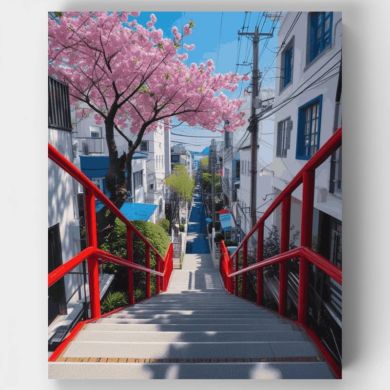 Japanese Cherry Blossom Street Steps - Paint by Numbers Kit