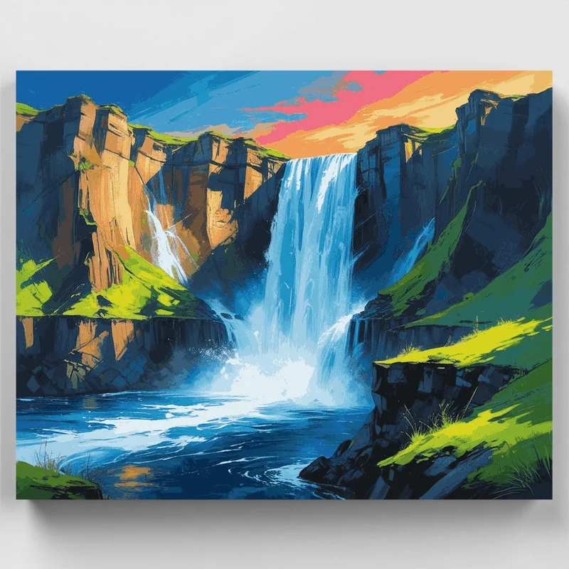 Dramatic Canyon Waterfall at Sunset - Paint by Numbers Kit
