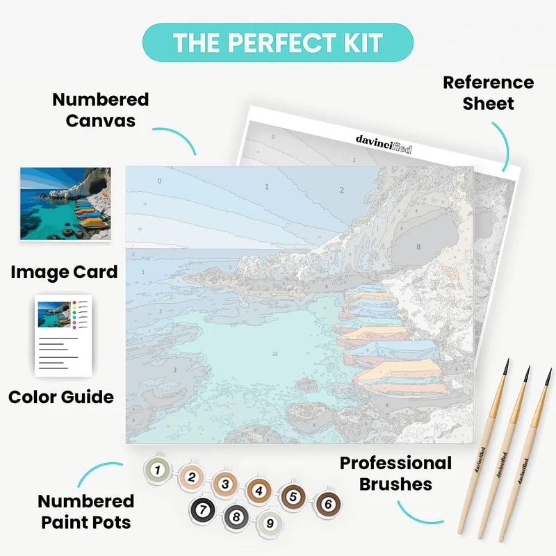 Mediterranean Coastal Cove with Colorful Boats - Paint by Numbers Kit