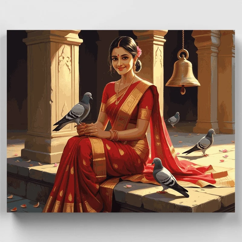 Indian Woman in Red Sari with Pigeons - Paint by Numbers Kit
