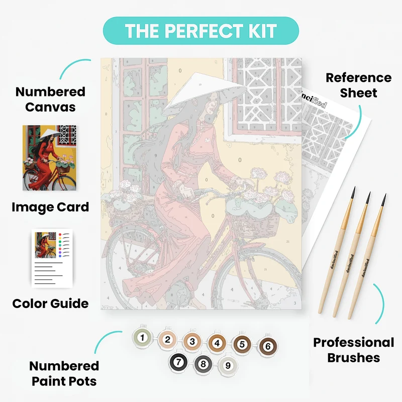 Vietnamese Woman on Bicycle with Lotus Flowers - Paint by Numbers Kit