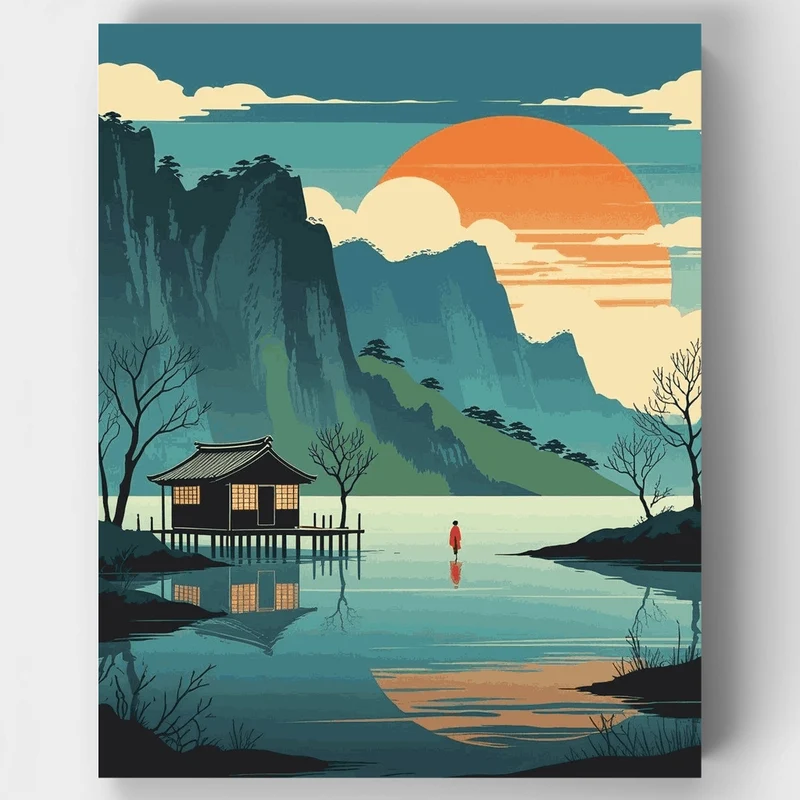 Japanese Mountain Lake Sunset - Paint by Numbers Kit