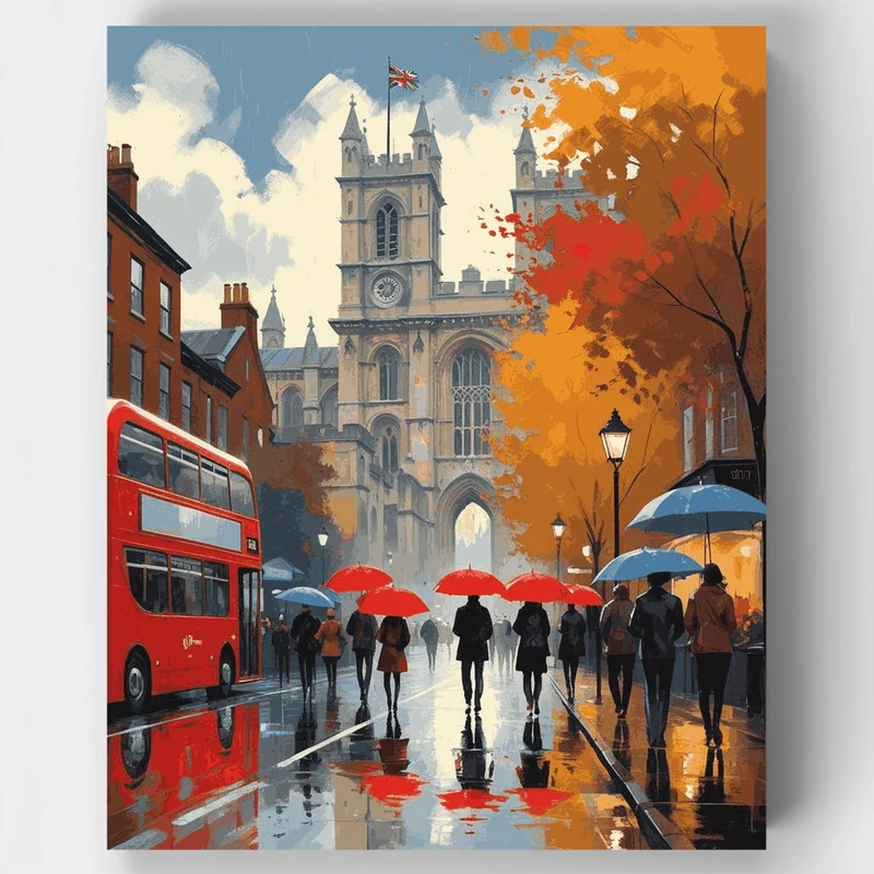Rainy London Street with Red Bus - Paint by Numbers Kit