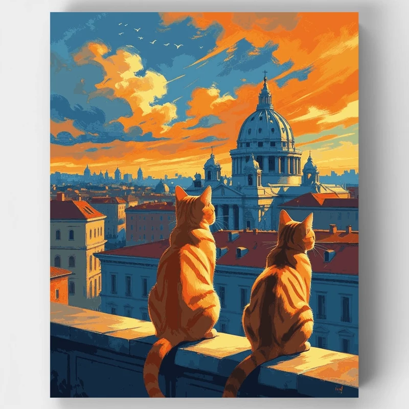 Cats Watching Sunset Over Historic City - Paint by Numbers Kit