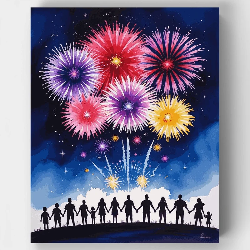 Fireworks Celebration with Silhouettes - Paint by Numbers Kit
