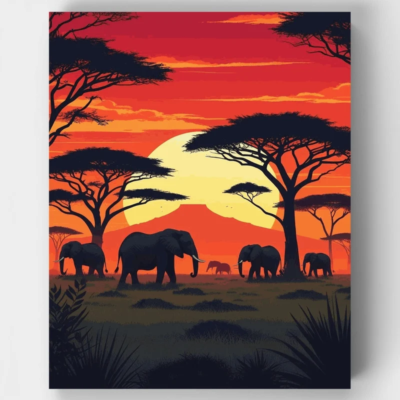 African Savanna Elephant Herd at Sunset - Paint by Numbers Kit