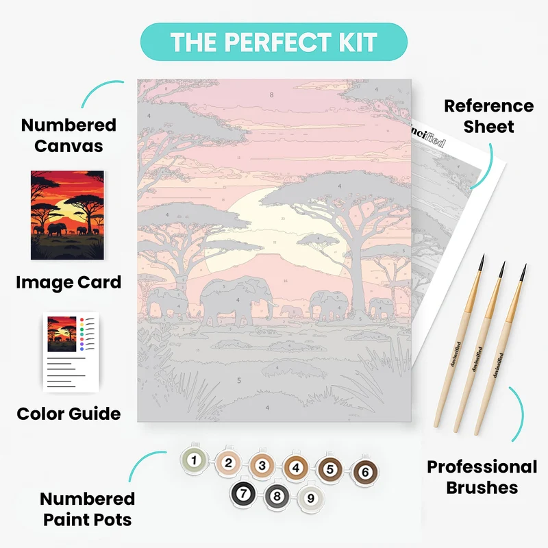 African Savanna Elephant Herd at Sunset - Paint by Numbers Kit