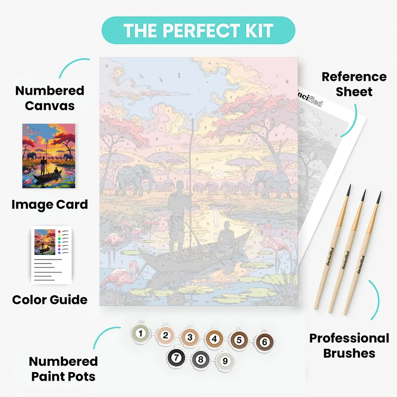 African Savanna Sunset with Elephants and Flamingos - Paint by Numbers Kit