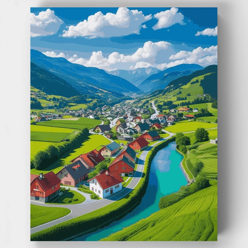 Swiss Valley Village with Turquoise River - Paint by Numbers Kit