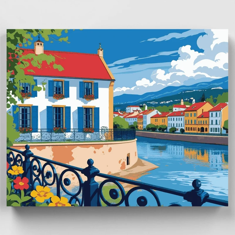 Charming European Lakeside Village - Paint by Numbers Kit