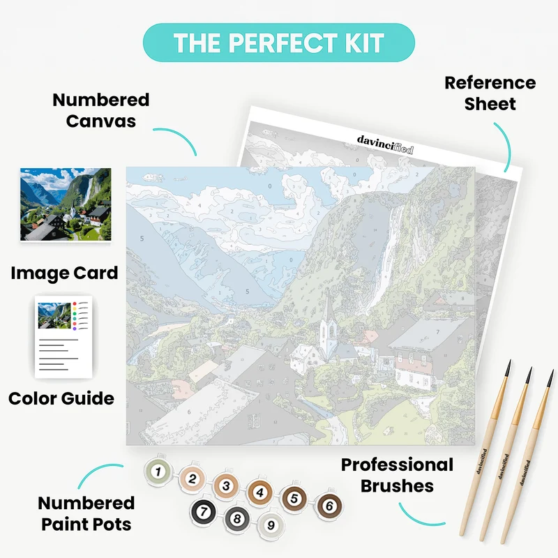 Picturesque Swiss Mountain Village with Dramatic Waterfall - Paint by Numbers Kit