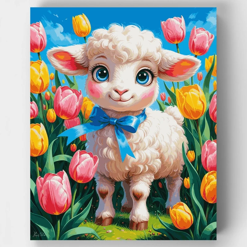 Adorable Lamb in Spring Tulips - Paint by Numbers Kit