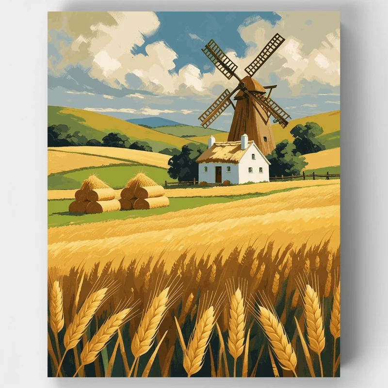 Golden Wheat Fields with Windmill - Paint by Numbers Kit