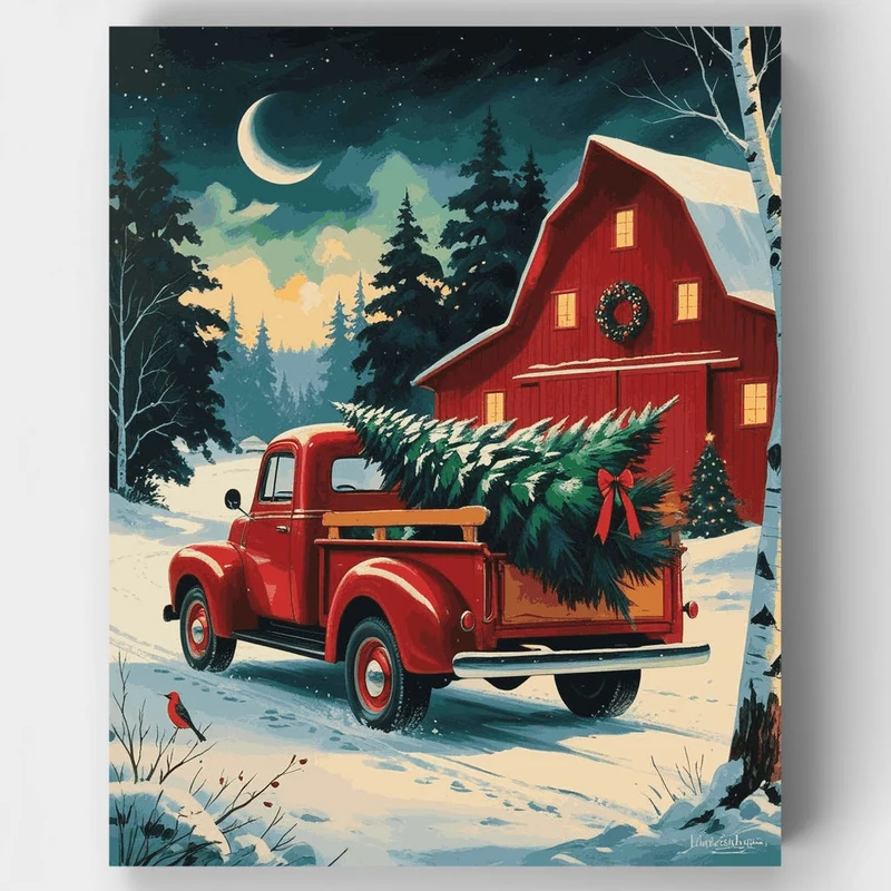 Winter Christmas Barn with Red Truck - Paint by Numbers Kit