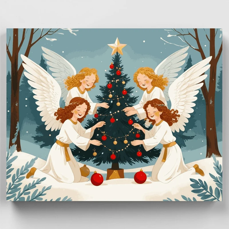 Angels Decorating Christmas Tree - Paint by Numbers Kit