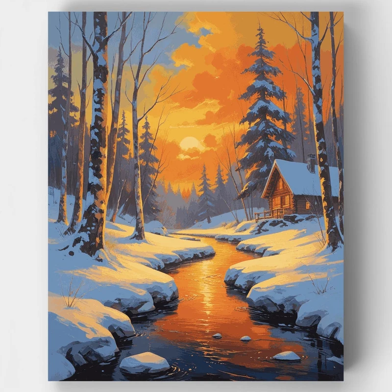 Winter Creek Sunset Cabin - Paint by Numbers Kit