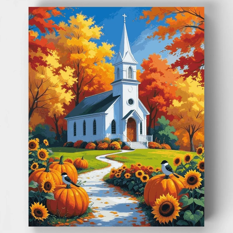 Autumn Church with Pumpkins and Sunflowers - Paint by Numbers Kit