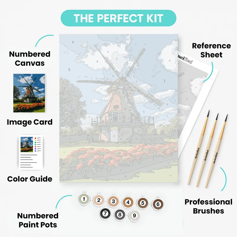 Traditional Dutch Windmill with Vibrant Orange Flowers - Paint by Numbers Kit