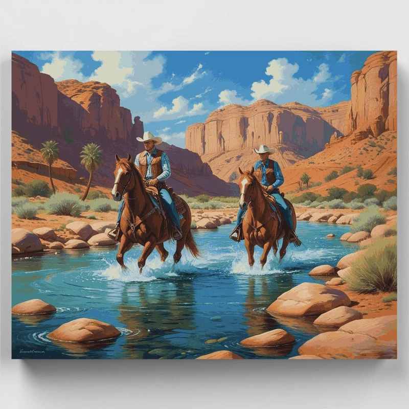 Western Cowboys Crossing River - Paint by Numbers Kit