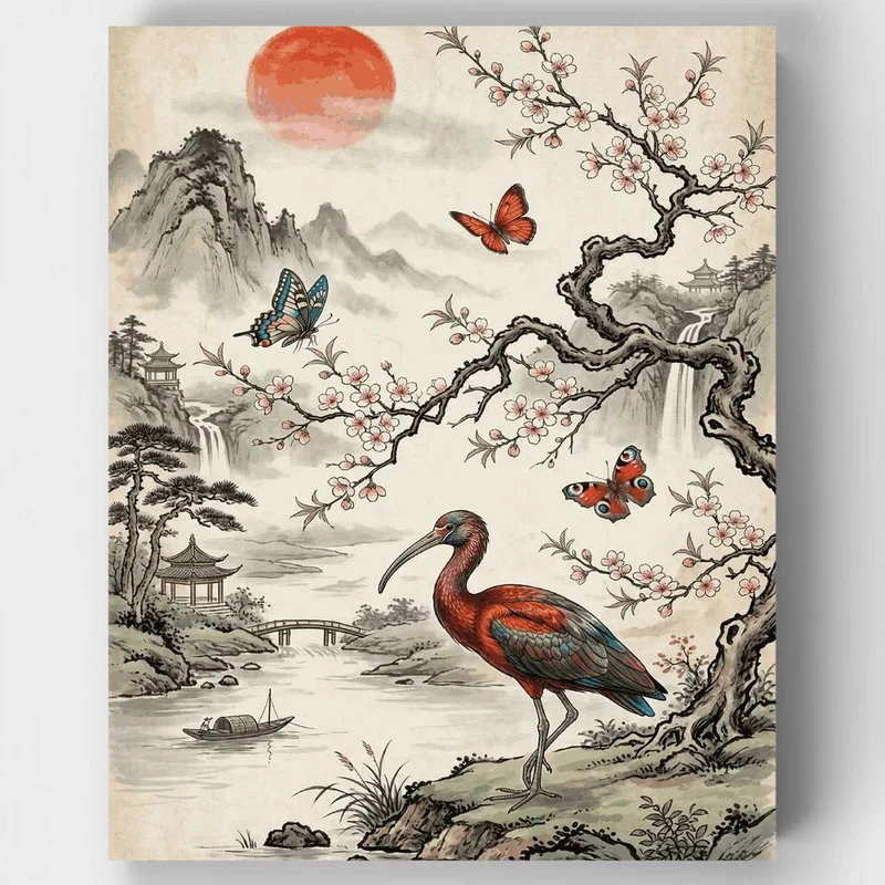 "Crane by the Cherry Blossoms" Paint by Numbers Kit