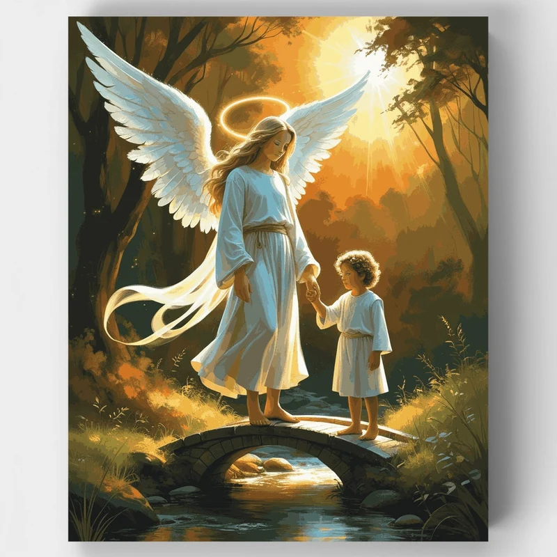 Angel Guiding Child Across Bridge - Paint by Numbers Kit