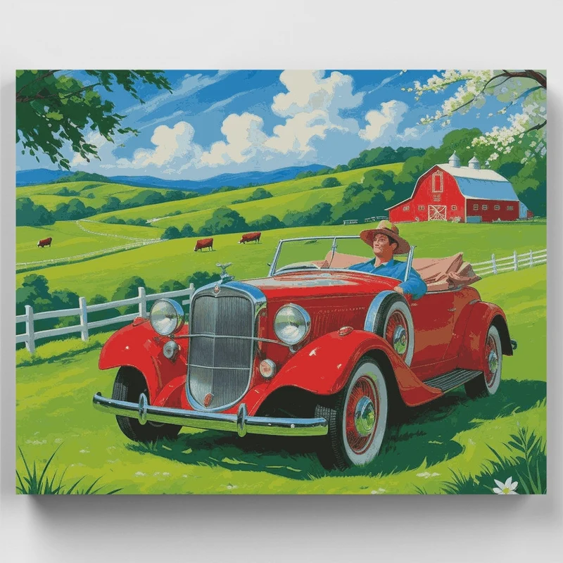Classic Red Convertible on Country Farm - Paint by Numbers Kit