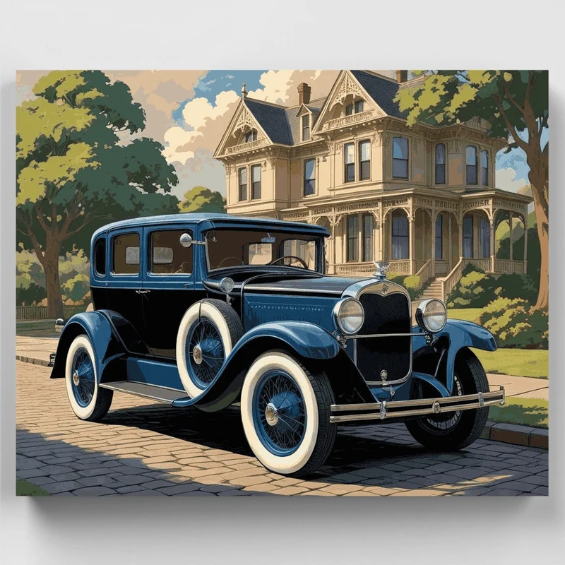 Vintage Luxury Car and Victorian Mansion - Paint by Numbers Kit