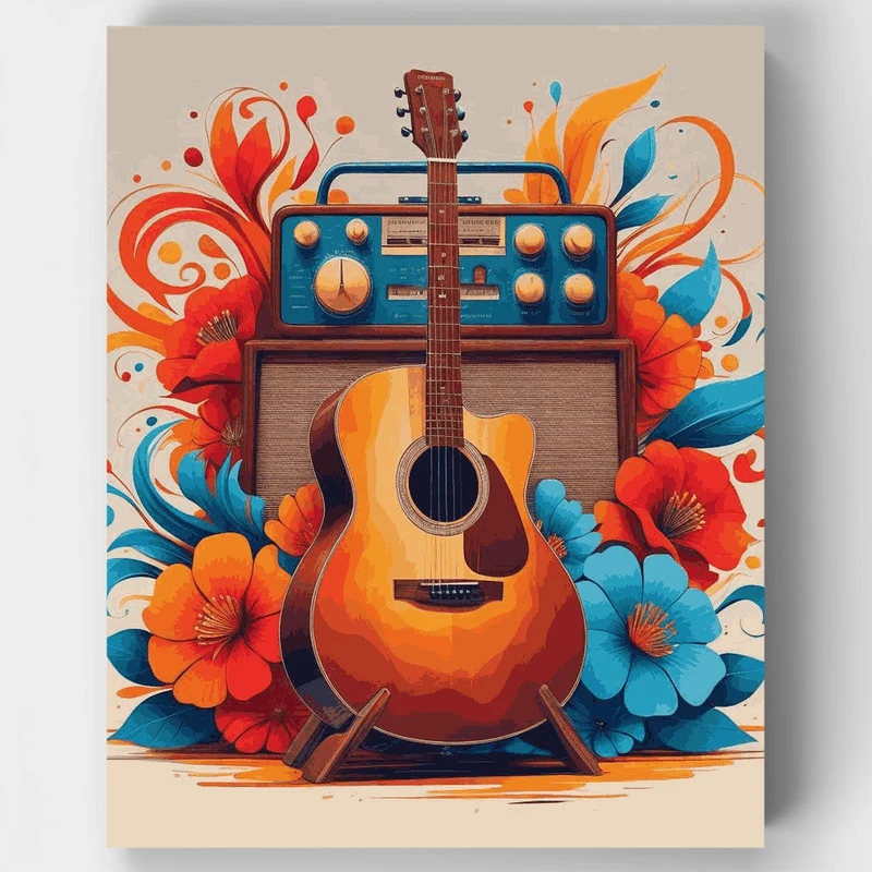 Vintage Guitar and Radio with Tropical Flowers - Paint by Numbers Kit