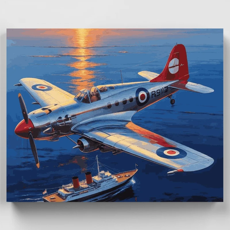 Sunset Spitfire and Ocean Liner - Paint by Numbers Kit