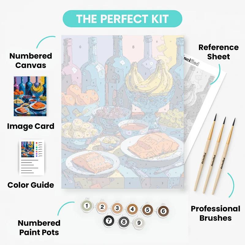 Colorful Still Life with Salmon and Fruits - Paint by Numbers Kit