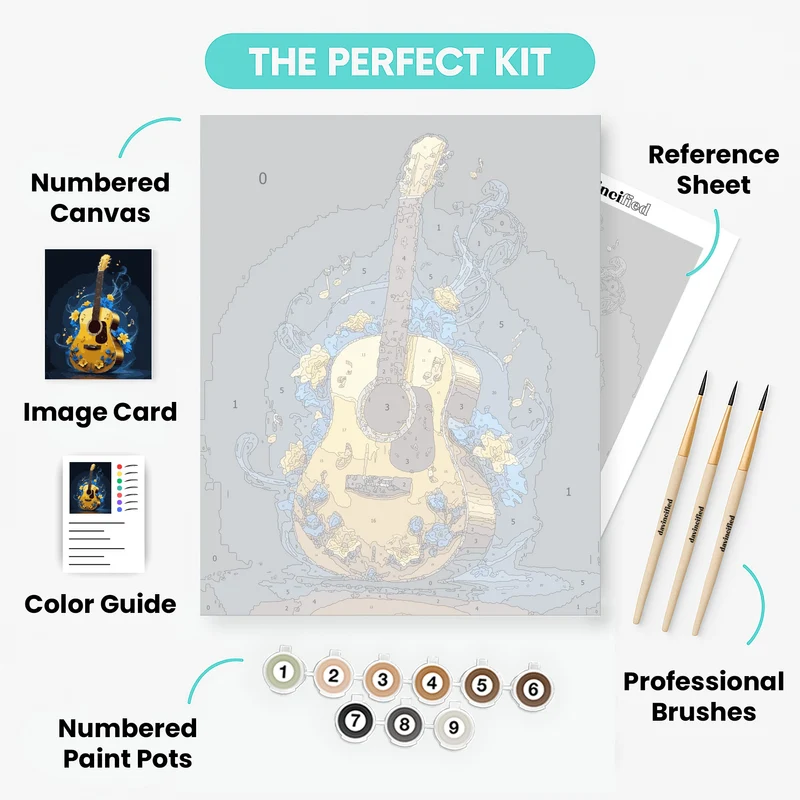 Melodic Guitar with Blue and Yellow Flowers - Paint by Numbers Kit