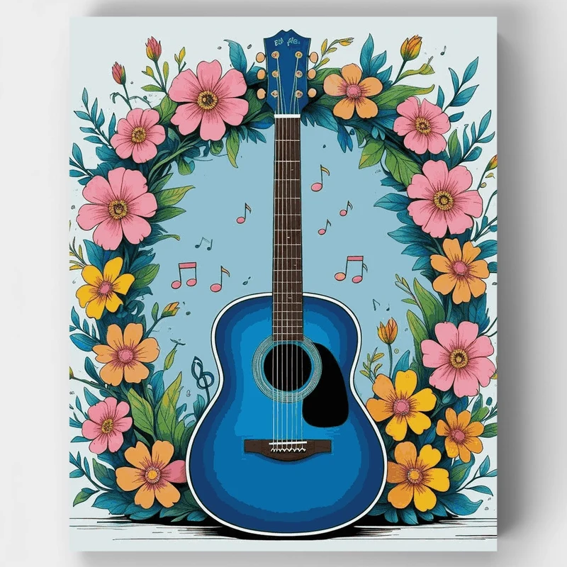 Blue Guitar with Floral Wreath - Paint by Numbers Kit