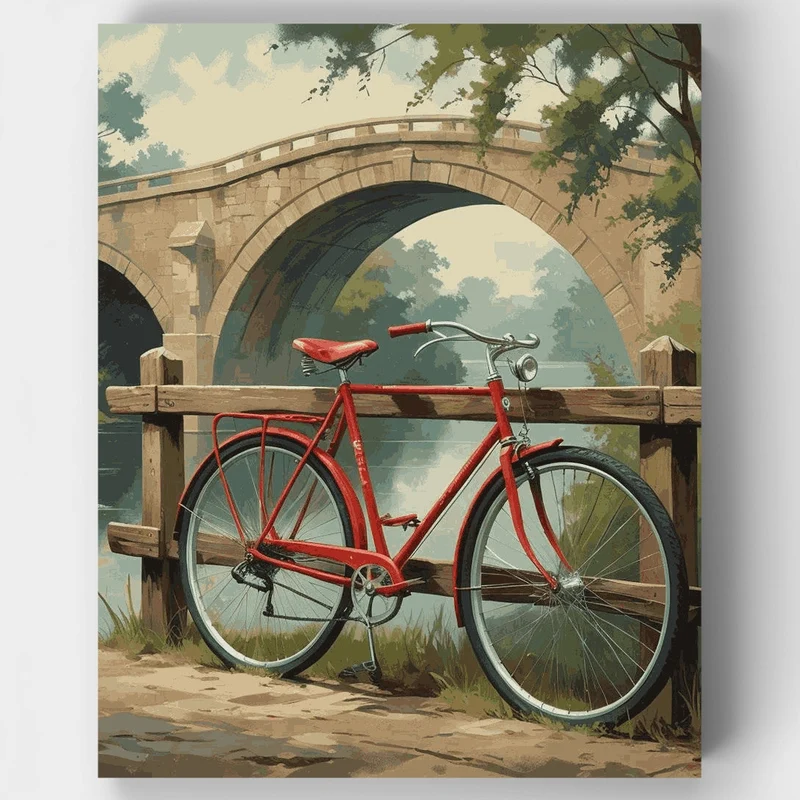 Vintage Red Bicycle Bridge - Paint by Numbers Kit