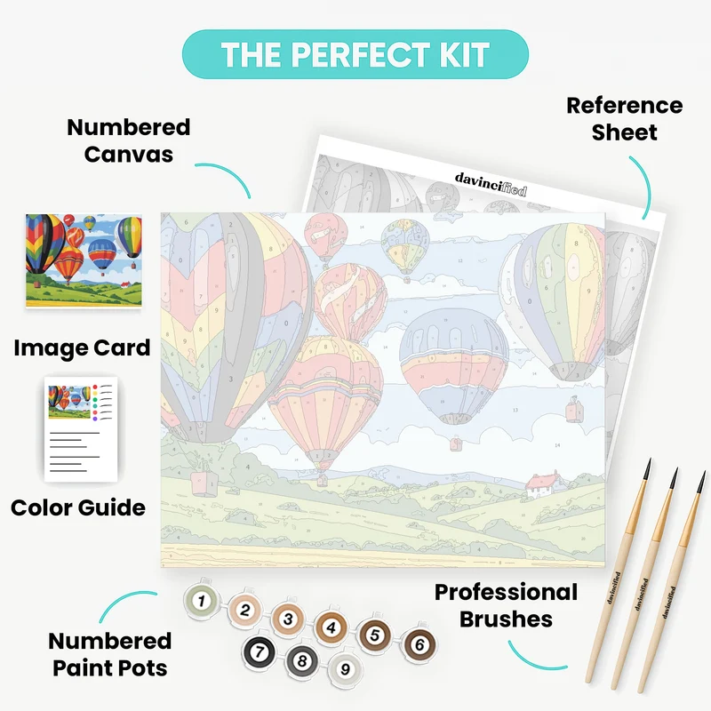 Colorful Hot Air Balloons Over Rolling Hills - Paint by Numbers Kit