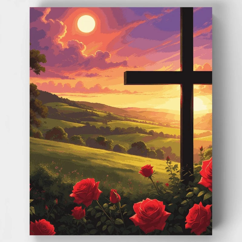 Sunset Cross and Roses - Paint by Numbers Kit