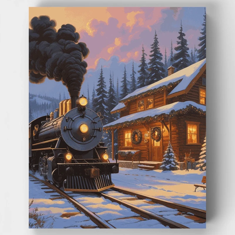 Winter Train Station - Paint by Numbers Kit