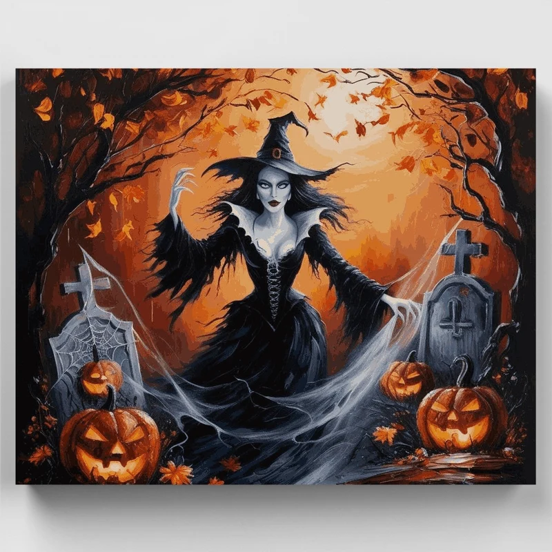 Halloween Witch in Graveyard - Paint by Numbers Kit
