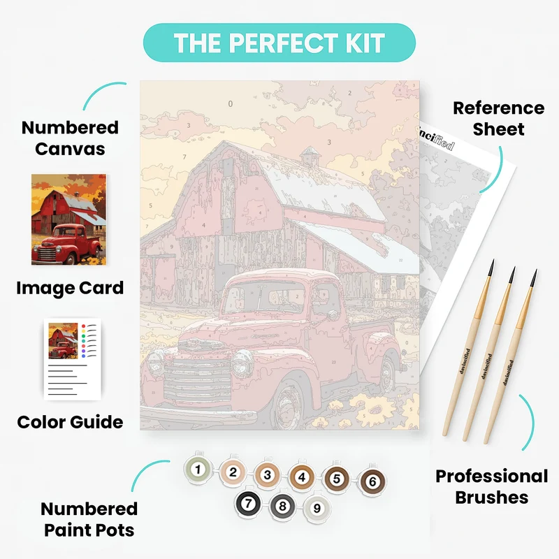 Red Barn and Vintage Truck at Sunset - Paint by Numbers Kit