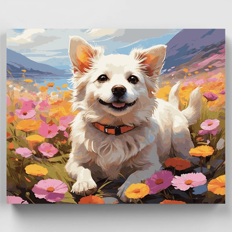Happy Dog in Flowers - Paint by Numbers Kit